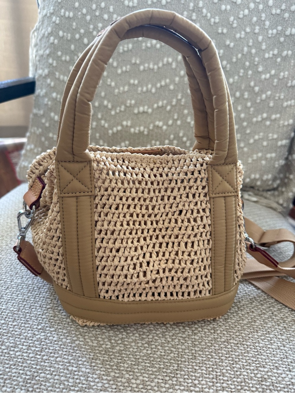 MZ Wallace Tan Woven Rafia Mini Tote with Leather Trim - Picture 3 of 6